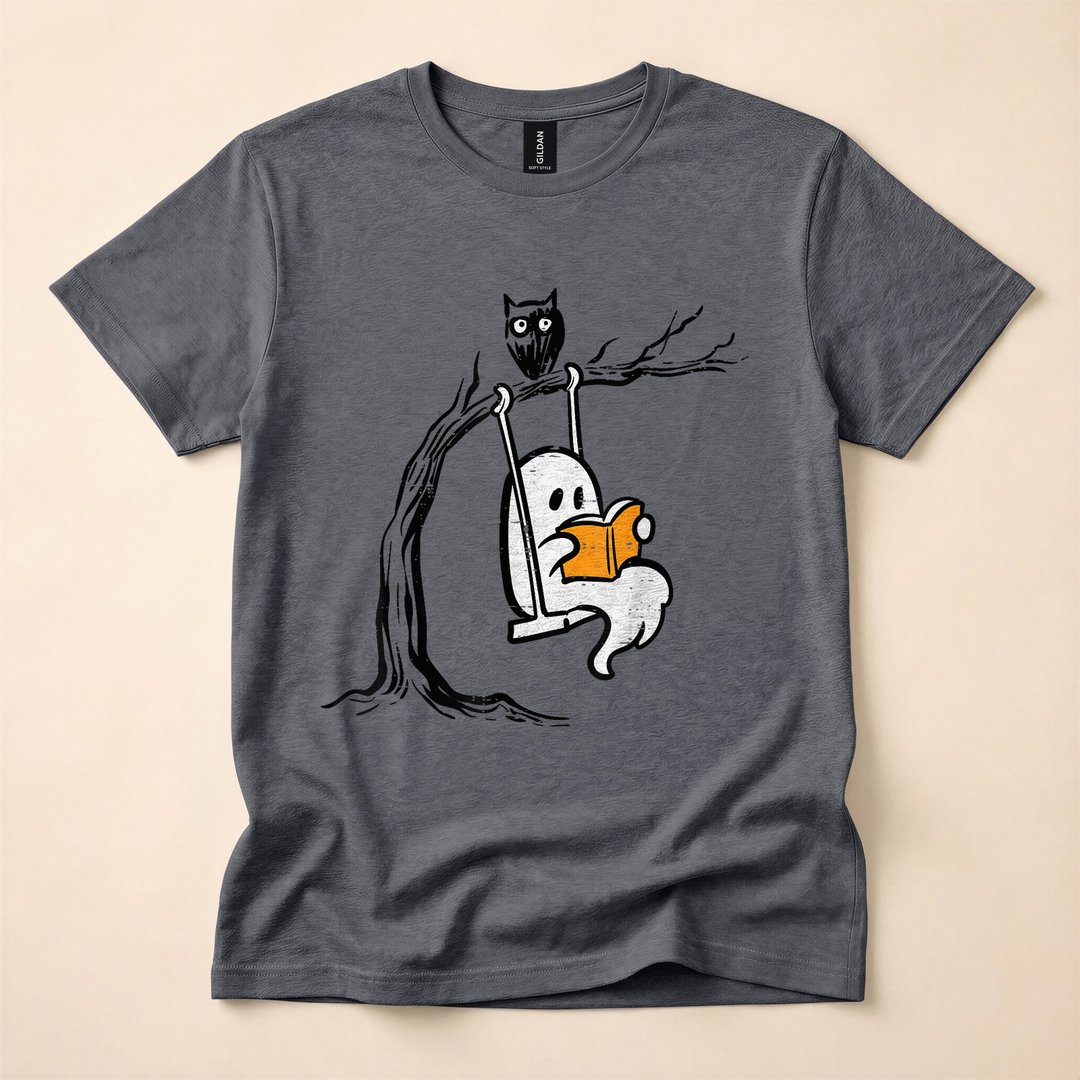 Cute Ghost Reading on a Swing Vintage Halloween T-Shirt - photo 5