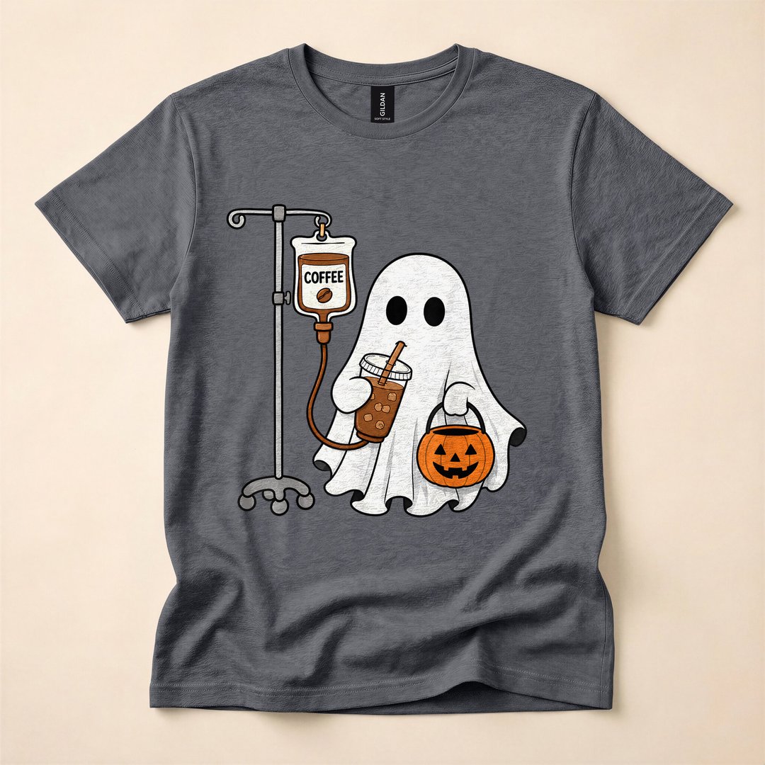 Ghost Drinking Iced Coffee Cute Halloween T-Shirt - photo 4