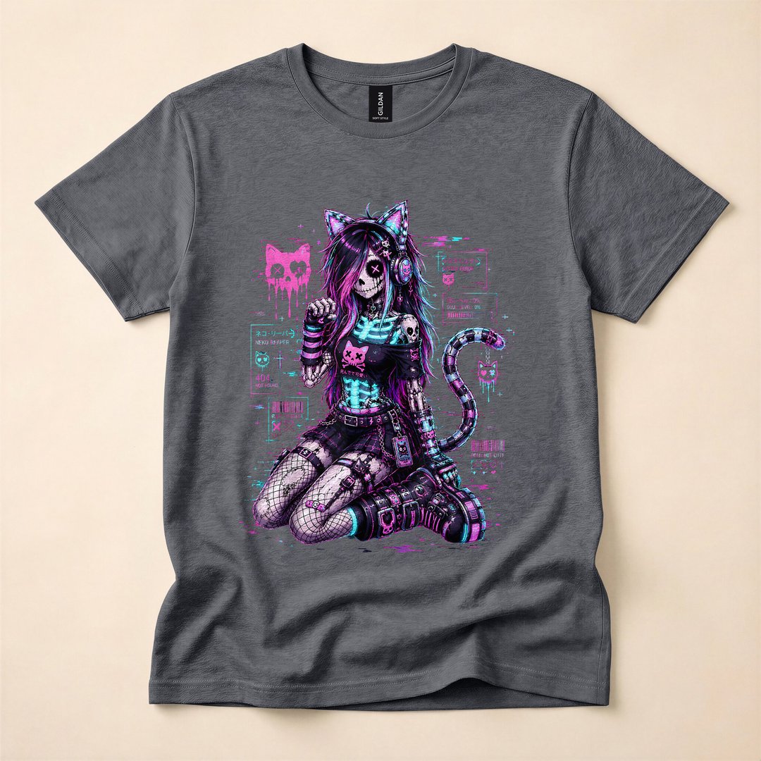 Cyber Goth Skeleton Glitch Anime Y2K T-Shirt - photo 4