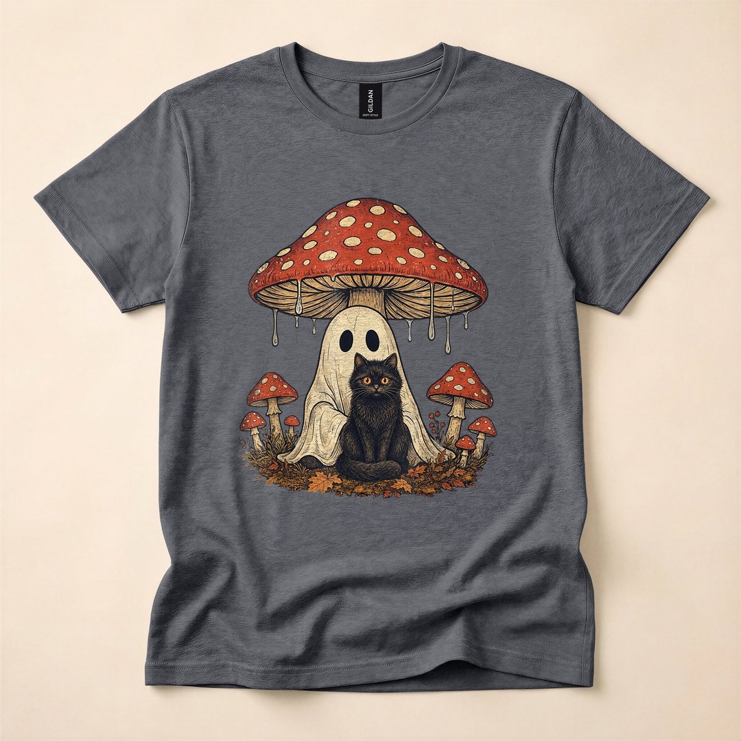 Mushroom Ghost and Black Cat Cottagecore Halloween T-Shirt - photo 4