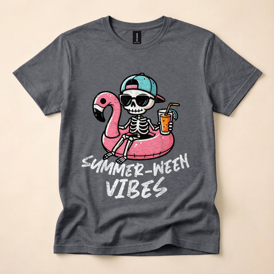 Summer-Ween Skeleton Pool Float Funny Halloween T-Shirt - photo 4
