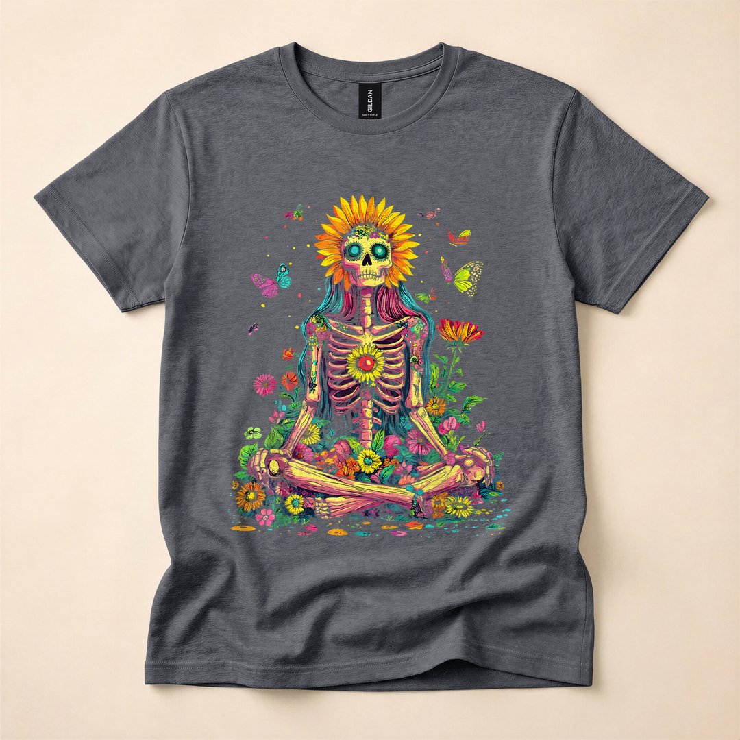 Trippy Sunflower Skeleton Psychedelic Hippie T-Shirt - photo 4