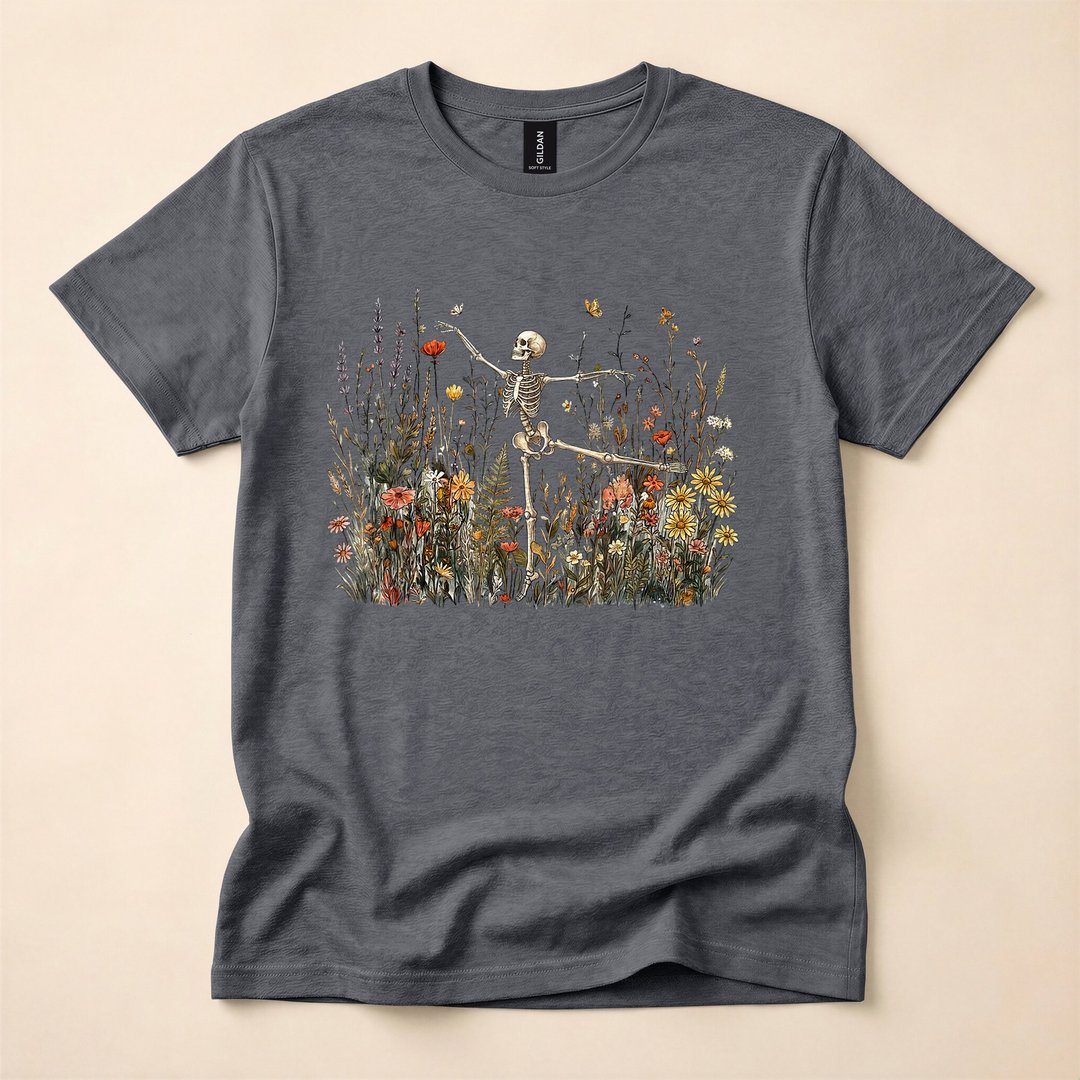 Dancing Skeleton with Wildflowers Cottagecore Halloween T-Shirt - photo 4