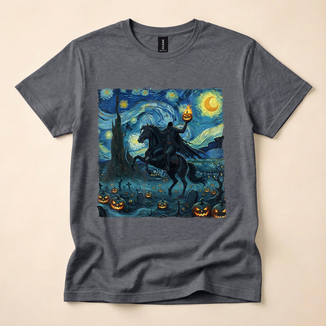 Headless Horseman Pumpkin Starry Night Halloween T-Shirt - photo 4