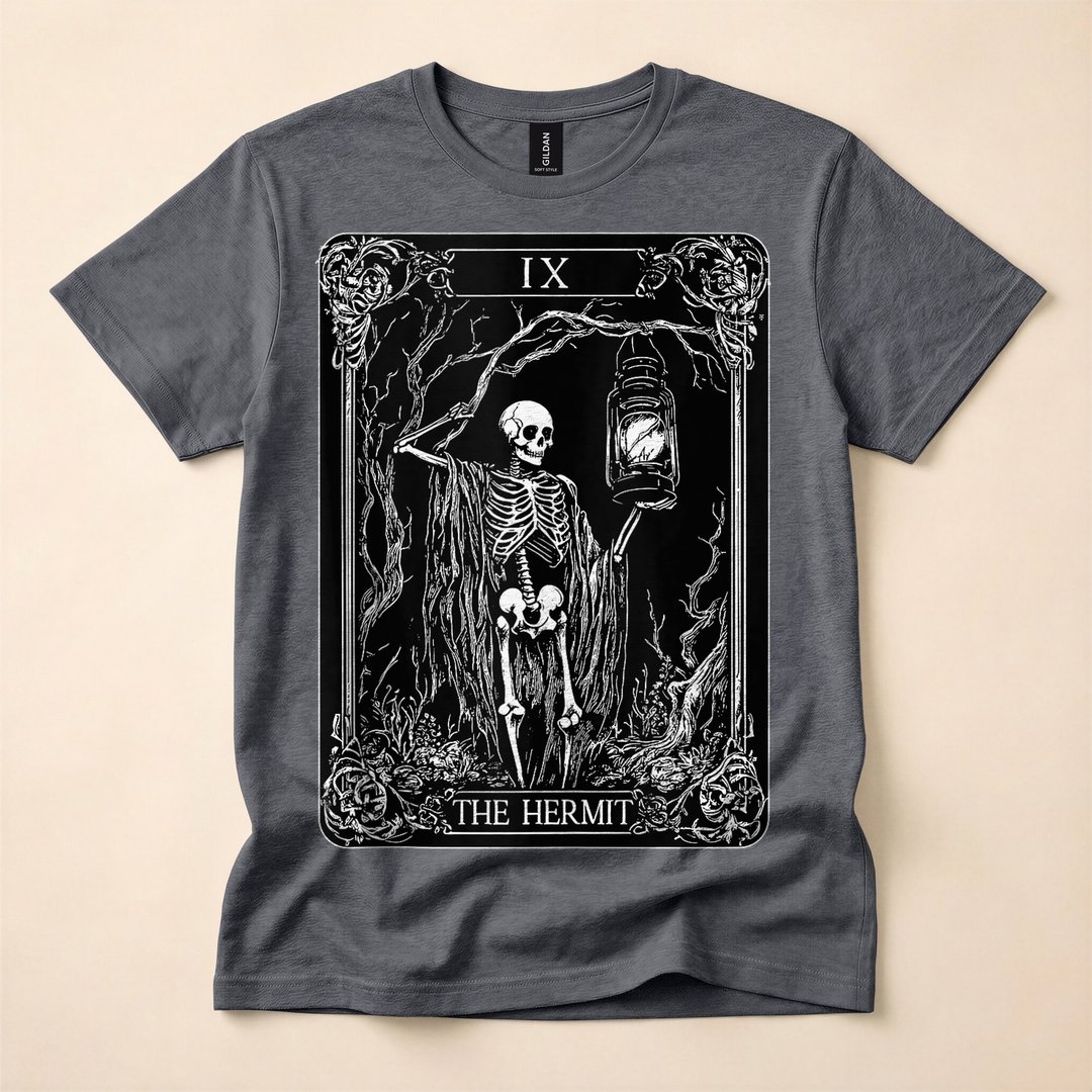 Skeleton The Hermit Tarot Card Gothic Halloween T-Shirt - photo 4