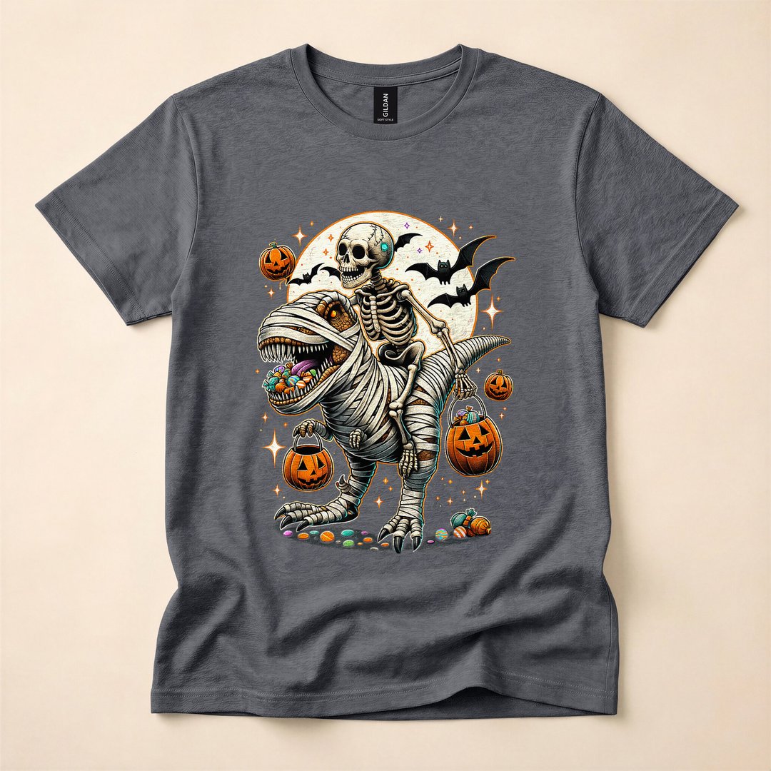 Skeleton Riding a Mummy T-Rex Funny Halloween T-Shirt - photo 4