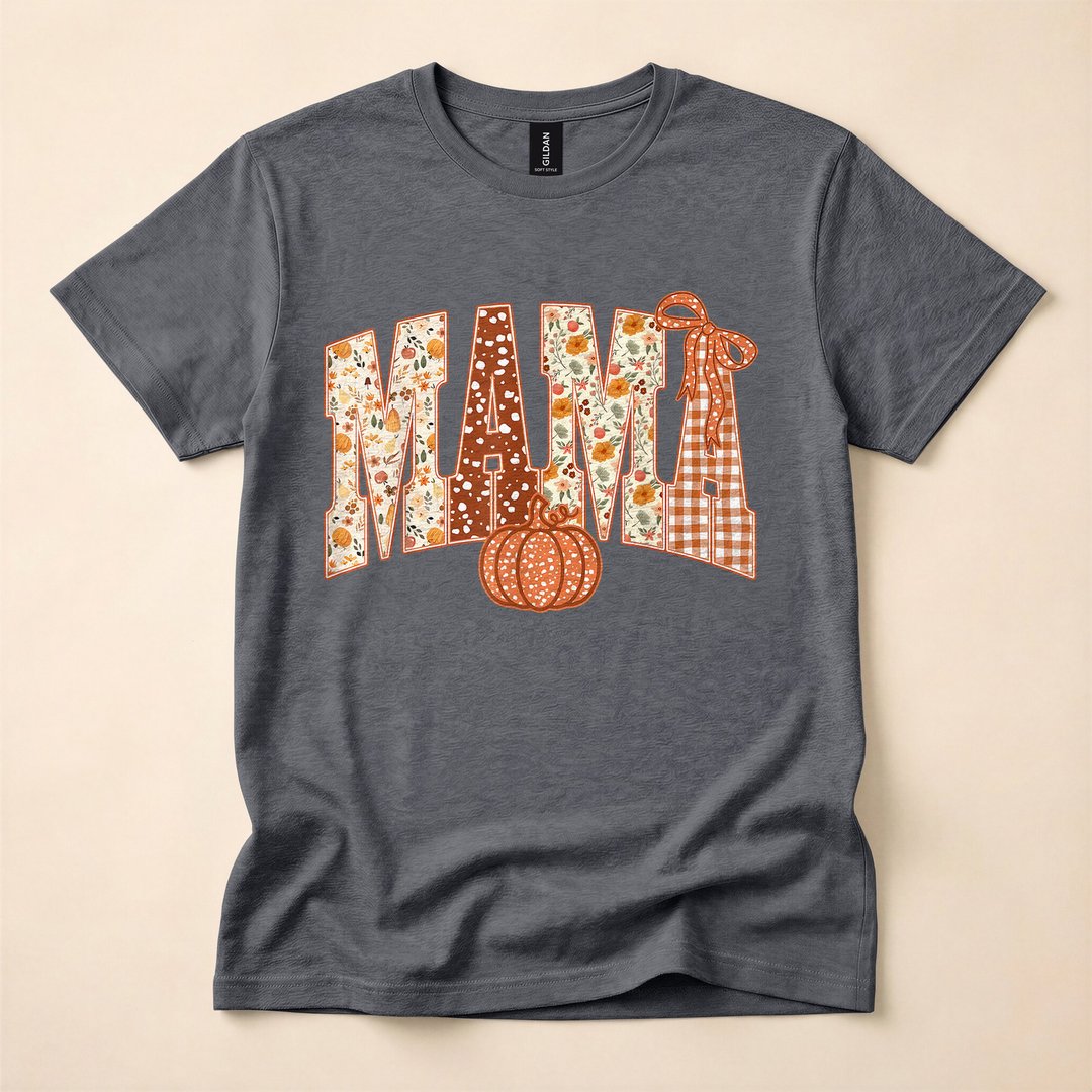Mama Patchwork Pumpkin Floral Fall Season T-Shirt - photo 4