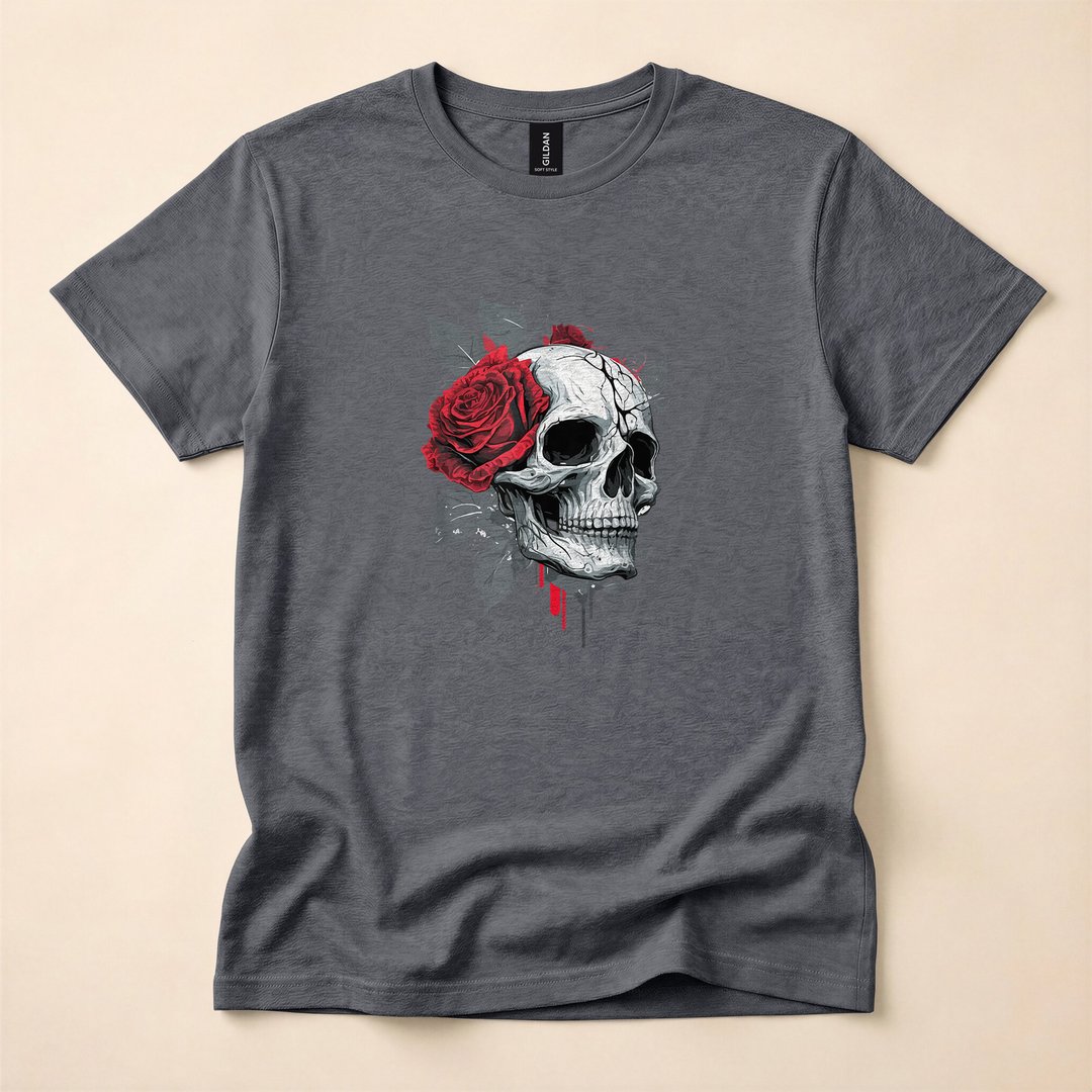 Skeleton Skull Hand Holding a Red Rose Gothic T-Shirt - photo 4