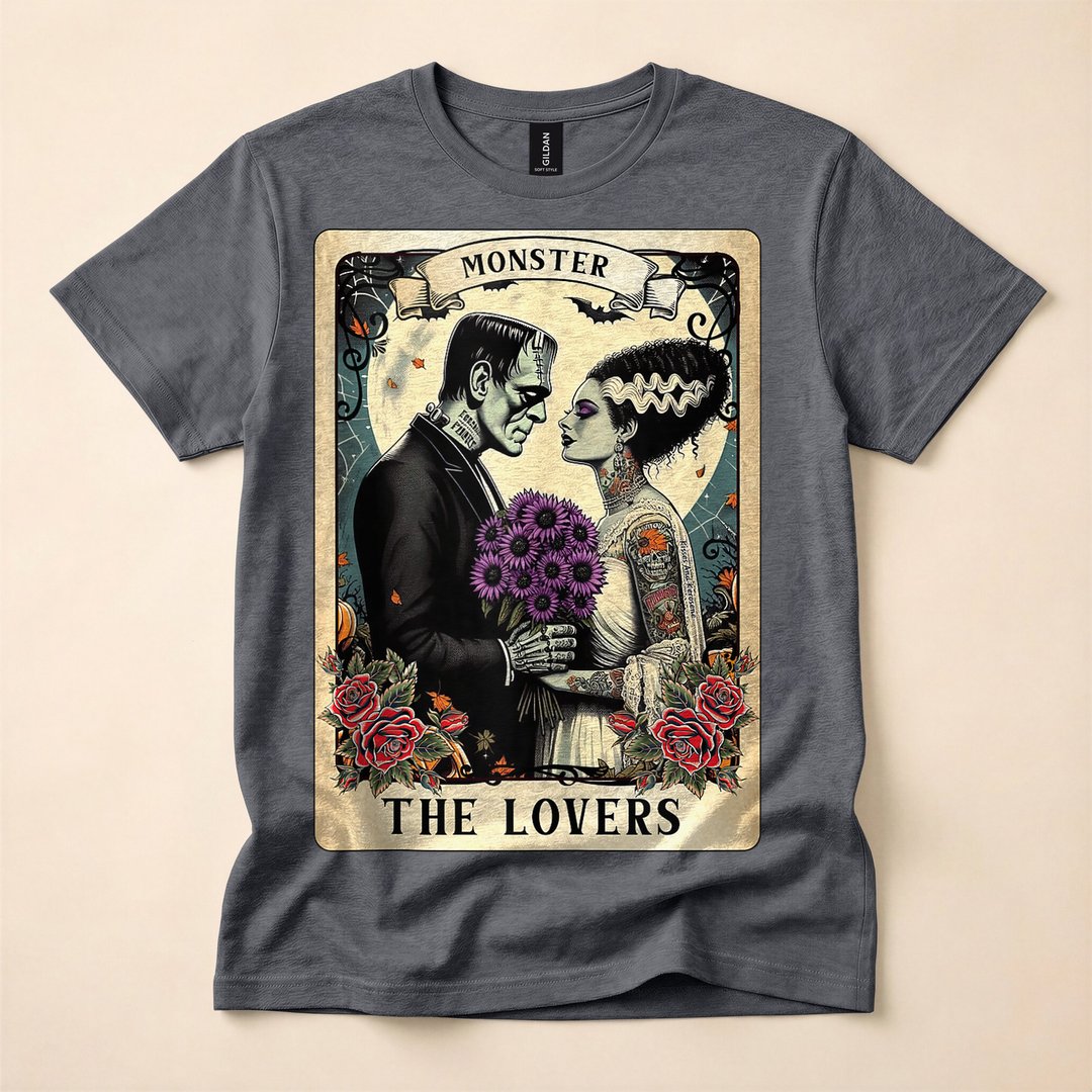 Frankenstein and Bride Lovers Tarot Card Halloween T-Shirt - photo 4