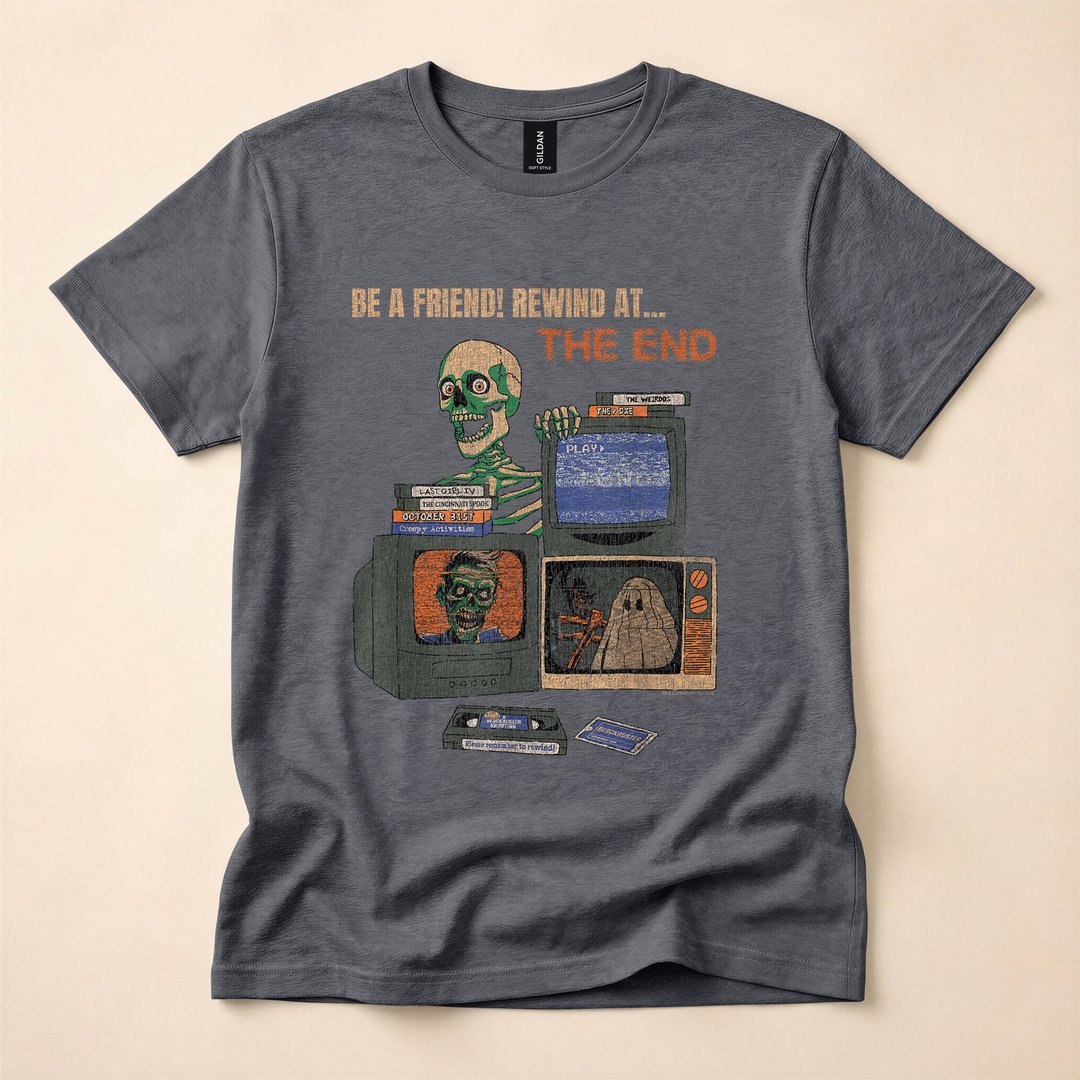 Blockbuster Rewind Horror Movie Skeleton Vintage Halloween T-Shirt - photo 4