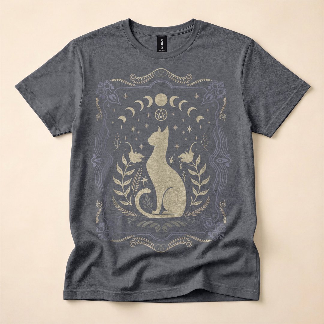 Dark Gothic Cat Moon Phase Witchy Lunar T-Shirt - photo 4