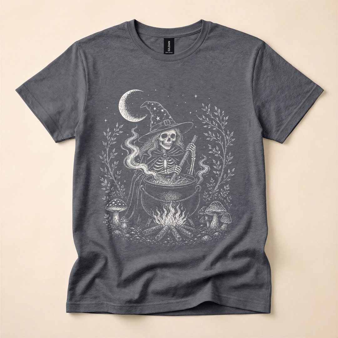 Vintage Skeleton Witch Cottagecore Halloween T-Shirt - photo 4