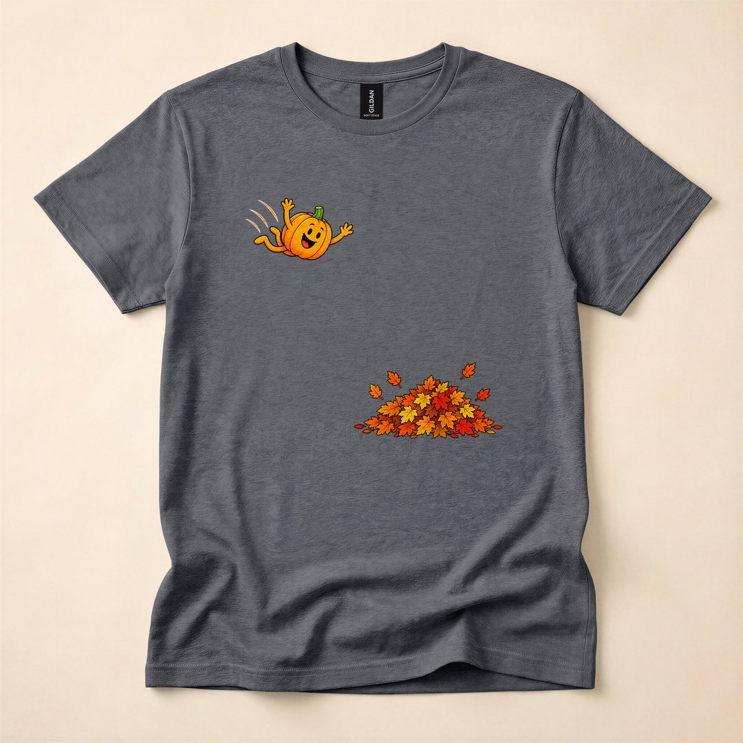 Cute Pumpkin Jumping Into Fall Leaves Autumn T-Shirt - photo 4