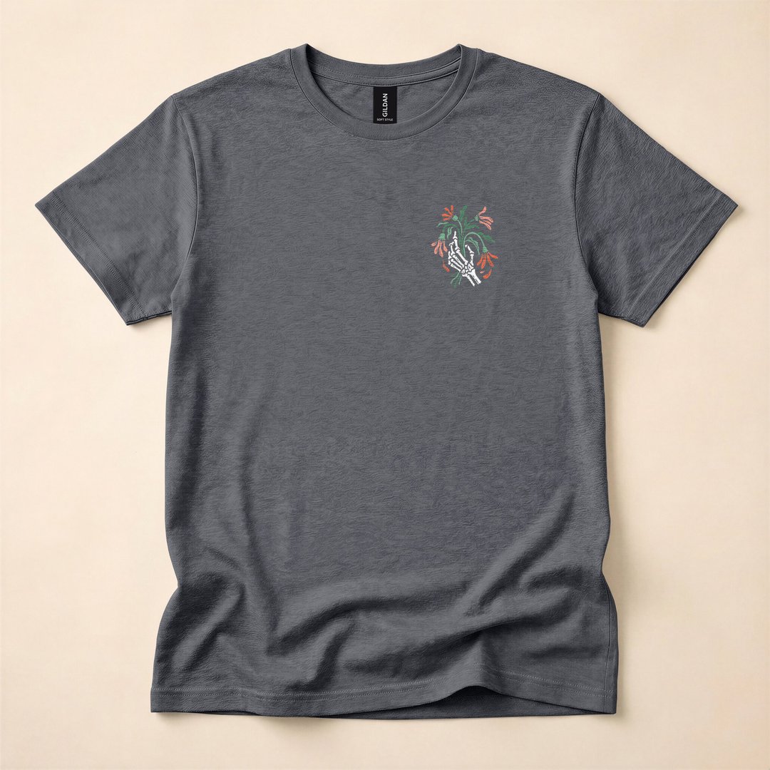 Skeleton Hand Holding Dead Flower Bouquet T-Shirt - photo 4