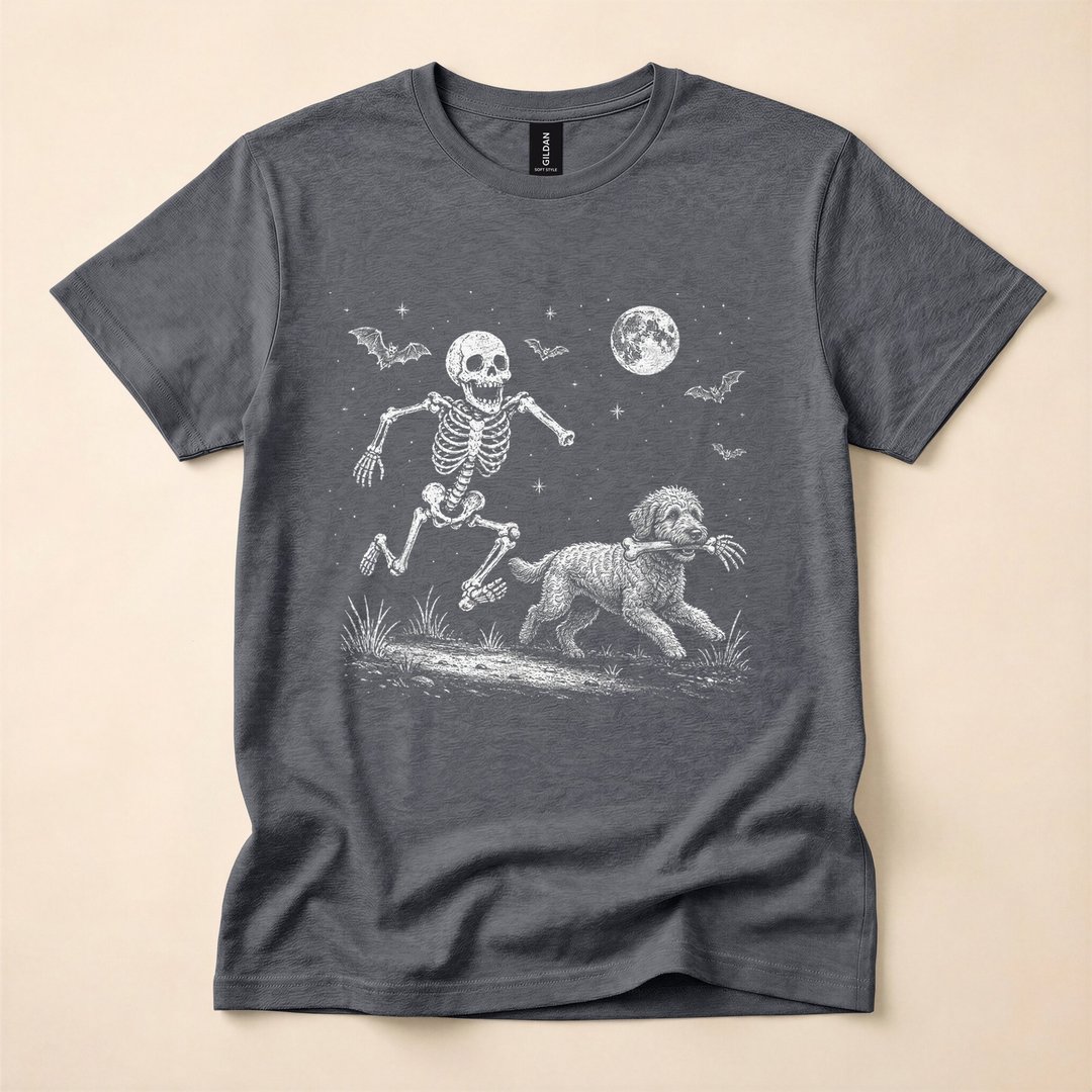 Funny Skeleton Chasing Goldendoodle Halloween Dog T-Shirt - photo 4