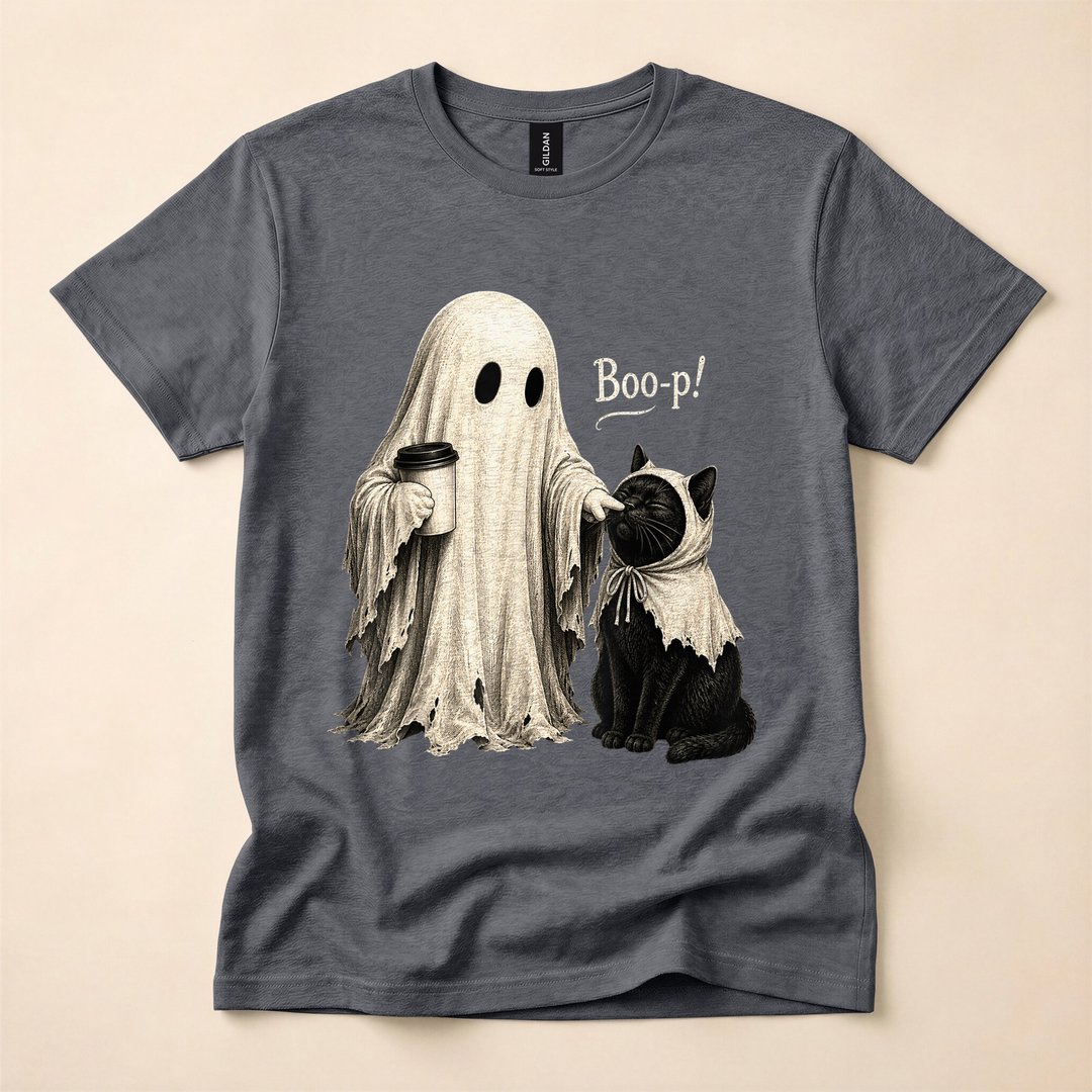 Adorable Vintage Ghost Boo-ping a Black Cat Halloween T-Shirt - photo 4