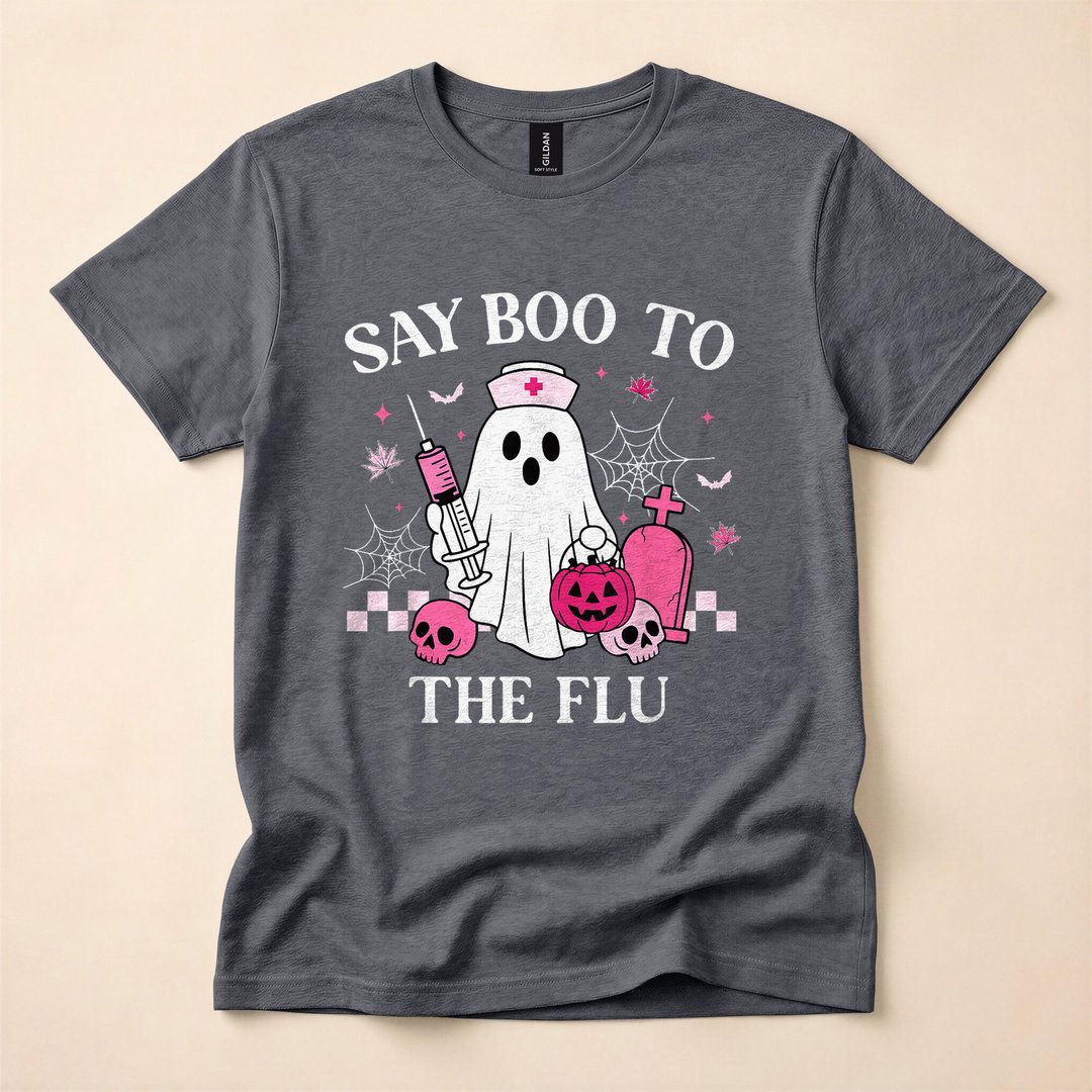 Say Boo to the Flu Funny Nurse Ghost Halloween T-Shirt - photo 4
