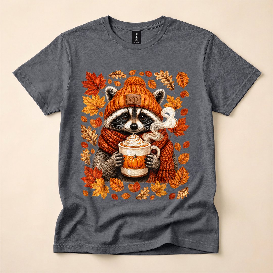 Raccoon Pumpkin Spice Latte Cozy Fall Autumn T-Shirt - photo 4