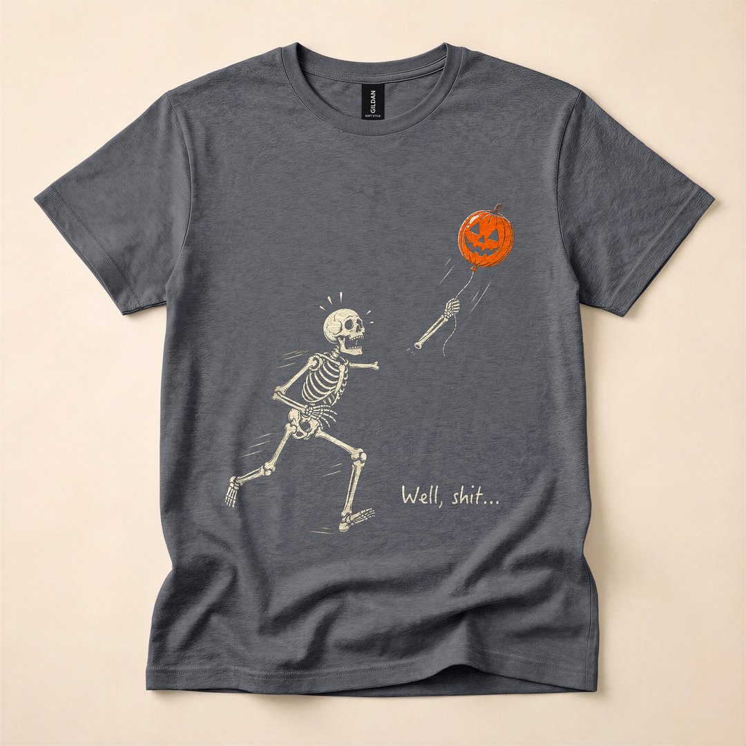 Skeleton Chasing a Lost Balloon Retro Halloween T-Shirt - photo 4