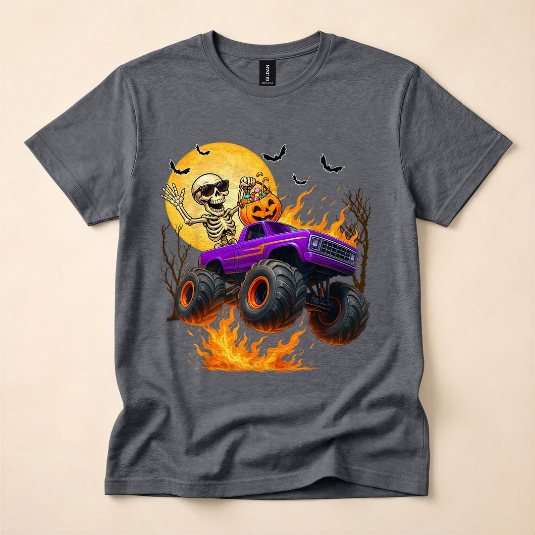 Skeleton Riding a Monster Truck Halloween T-Shirt - photo 4