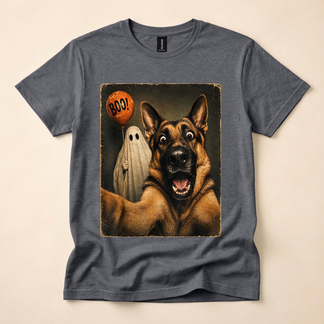German Shepherd Ghost Selfie Boo Halloween Dog T-Shirt - photo 4