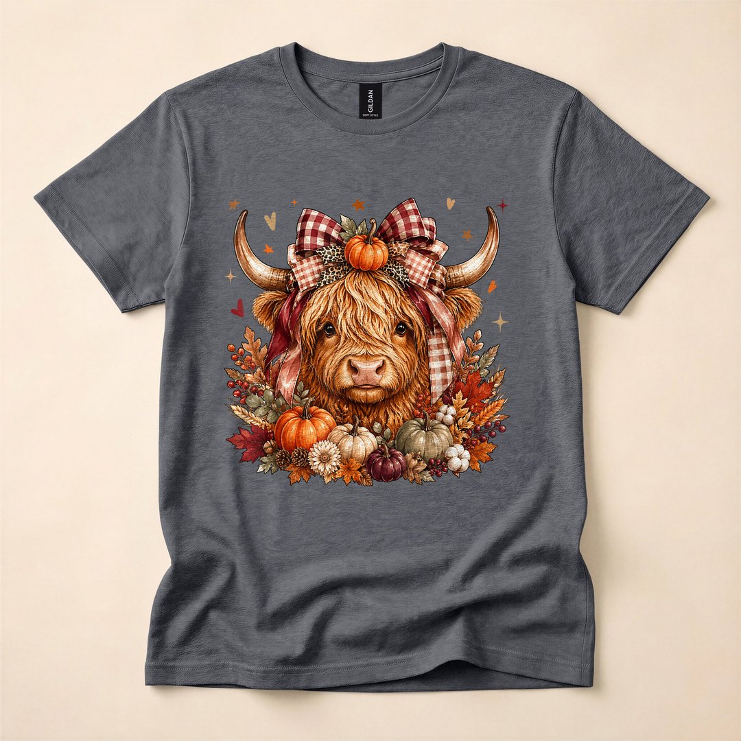 Highland Cow Pumpkin Coquette Bow Autumn Fall T-Shirt - photo 4