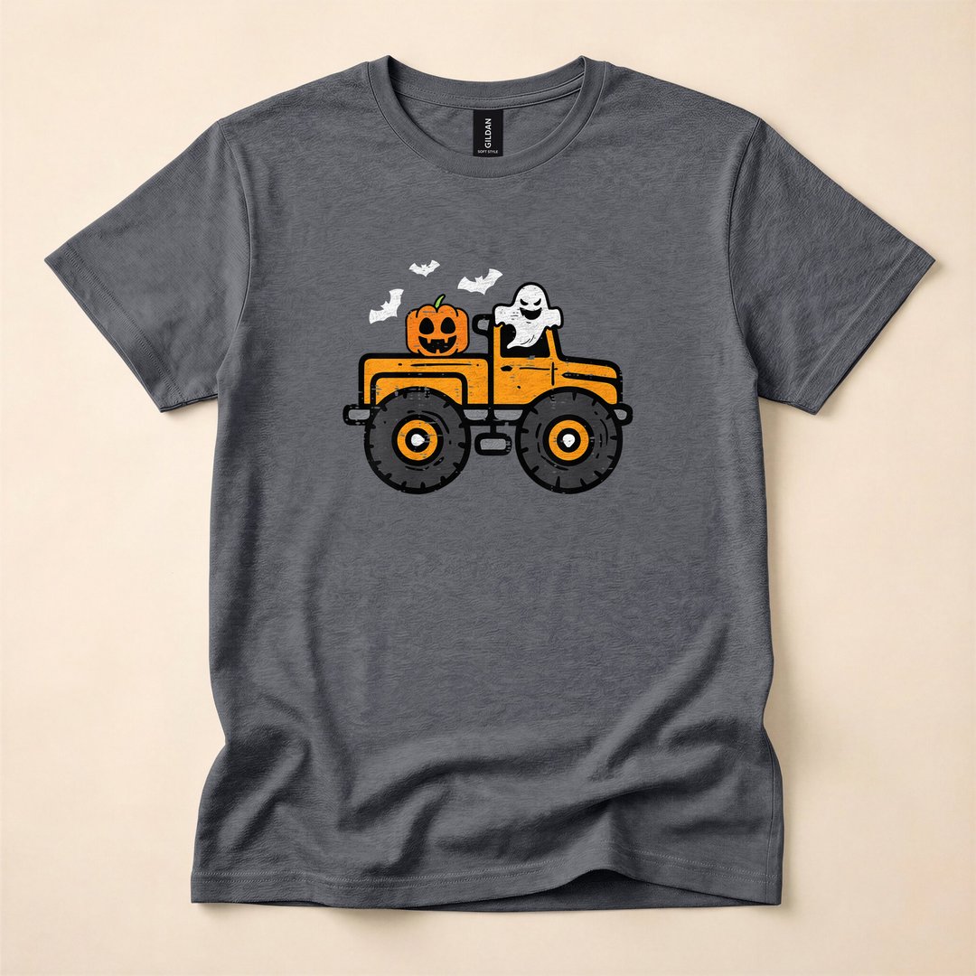 Monster Truck Ghost and Pumpkin Halloween Kids T-Shirt - photo 4