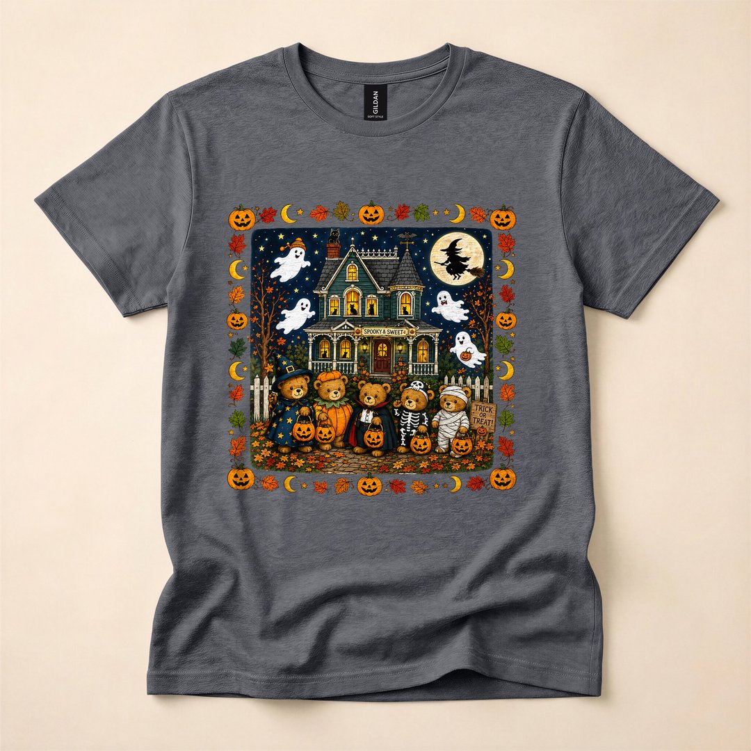 Cute Halloween Teddy Bears Haunted House Scene T-Shirt - photo 4