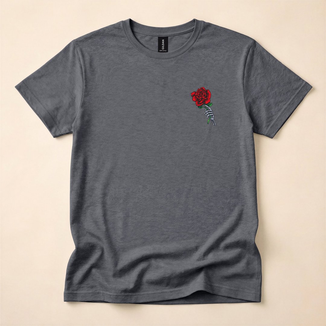 Skeleton Hand Holding a Red Rose Gothic T-Shirt - photo 4