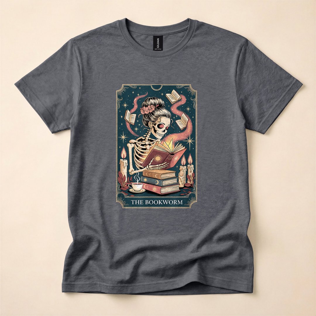 Bookworm Skeleton Reading Tarot Dark Academia T-Shirt - photo 4