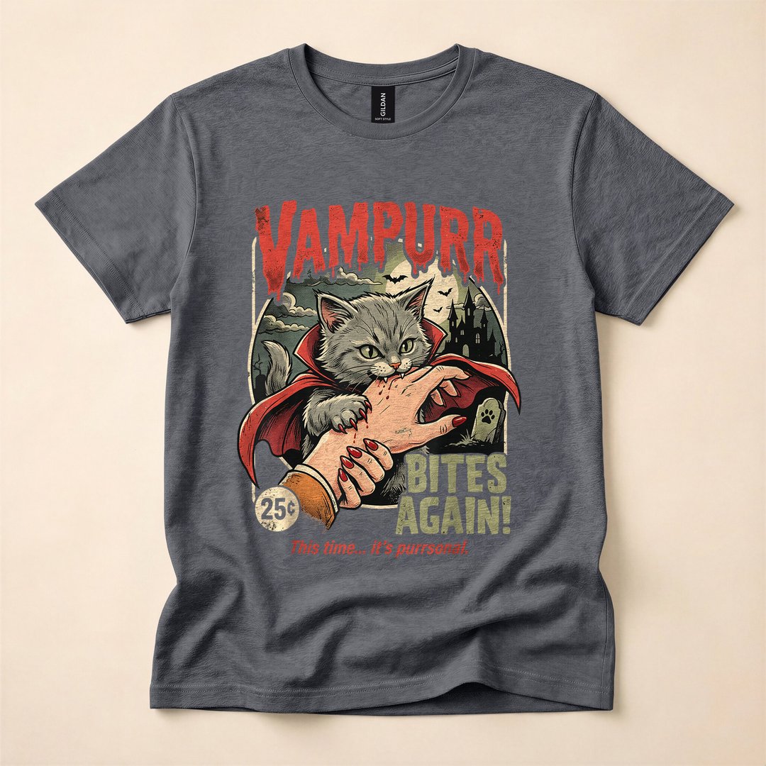 Vampurr Bites Again Vintage Vampire Cat Halloween T-Shirt - photo 4