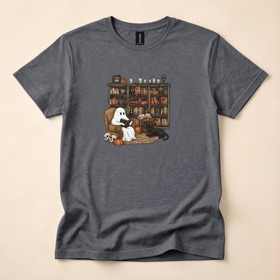 Vintage Ghost Reading Books Library Halloween T-Shirt - photo 5