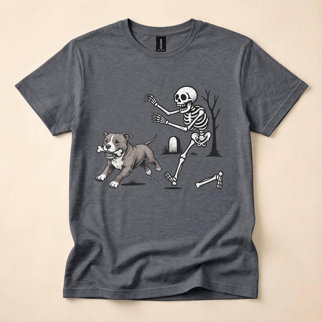 Skeleton Chasing a Pitbull Funny Halloween Dog T-Shirt - photo 5