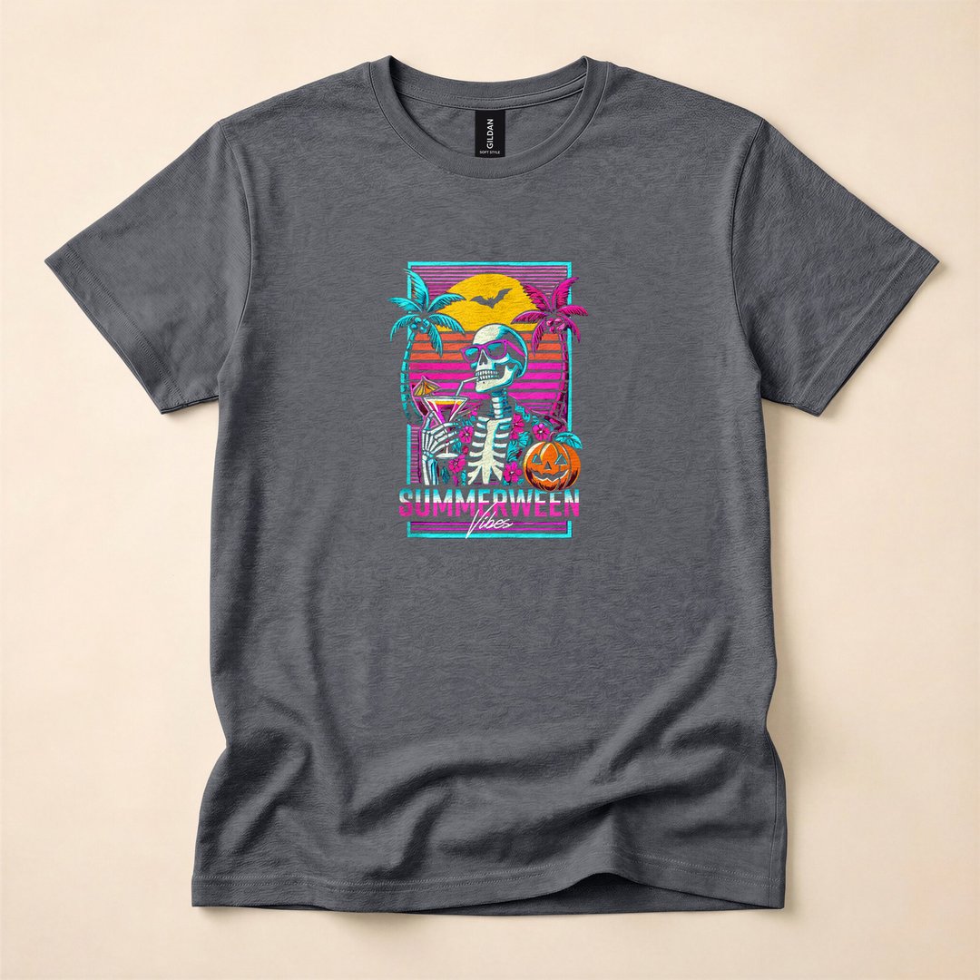 Summerween Beach Party Skeleton Vaporwave T-Shirt - photo 5
