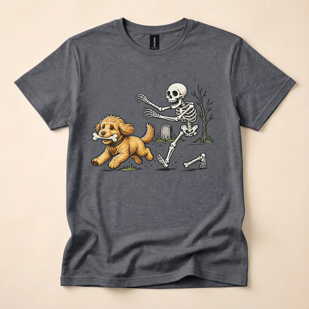 Goldendoodle Stealing a Skeleton's Bone Halloween T-Shirt - photo 4