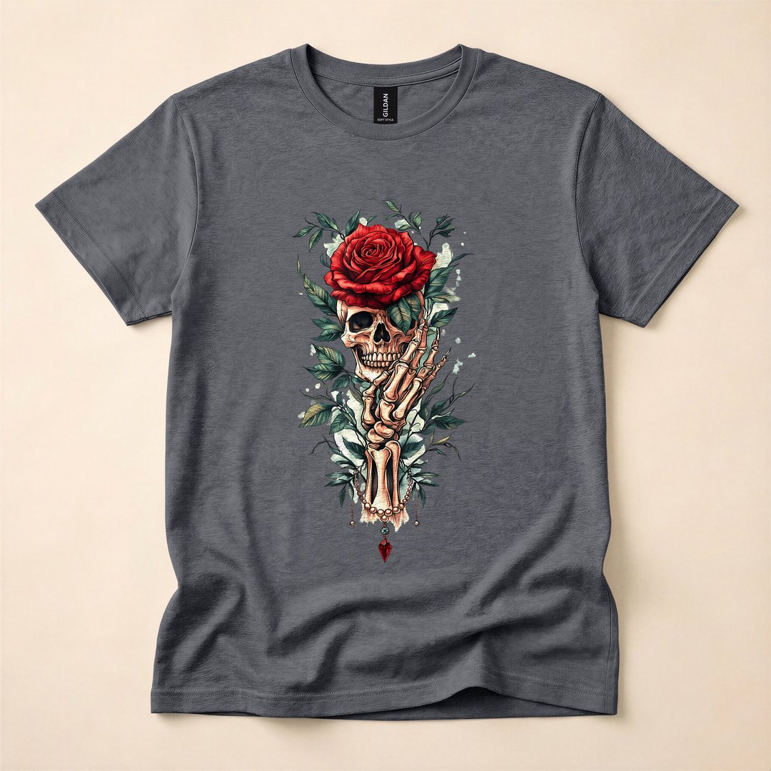 Skeleton Hand Holding Red Rose Gothic T-Shirt - photo 4