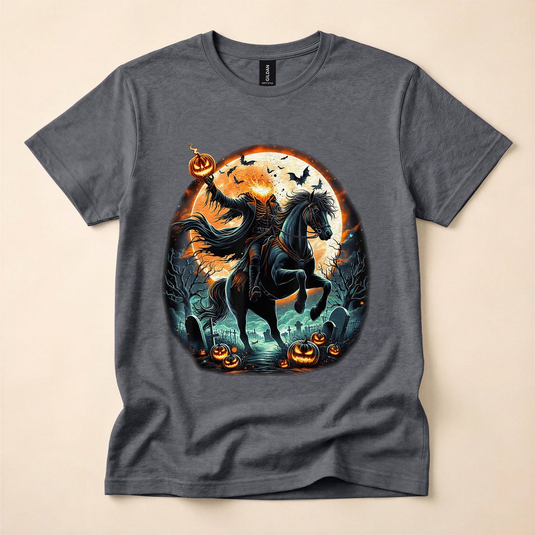 Pumpkin Headless Horseman Scary Halloween T-Shirt - photo 4