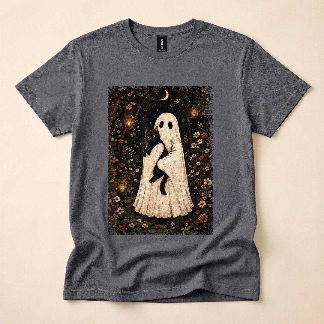 Cottagecore Ghost Holding a Black Cat Halloween T-Shirt - photo 4