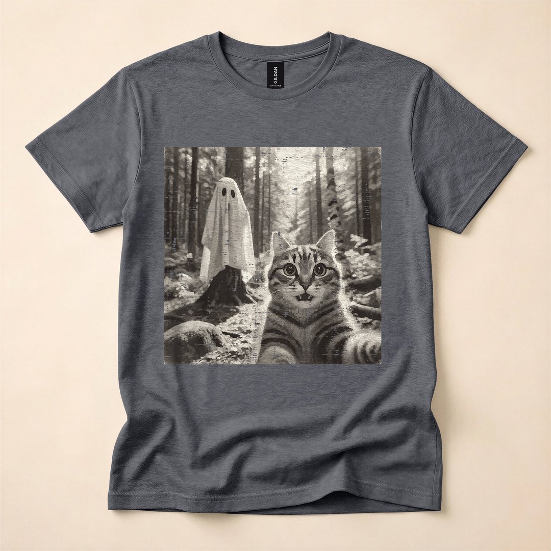 Halloween Tabby Cat in Ghost Sheet Costume Selfie T-Shirt - photo 4