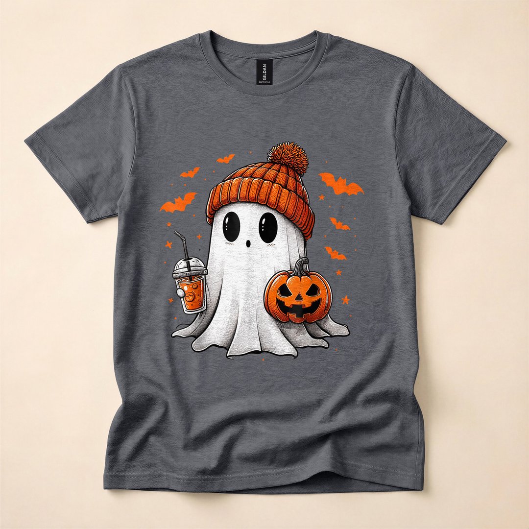 Cute Ghost Drinking Iced Coffee Halloween T-Shirt - photo 4