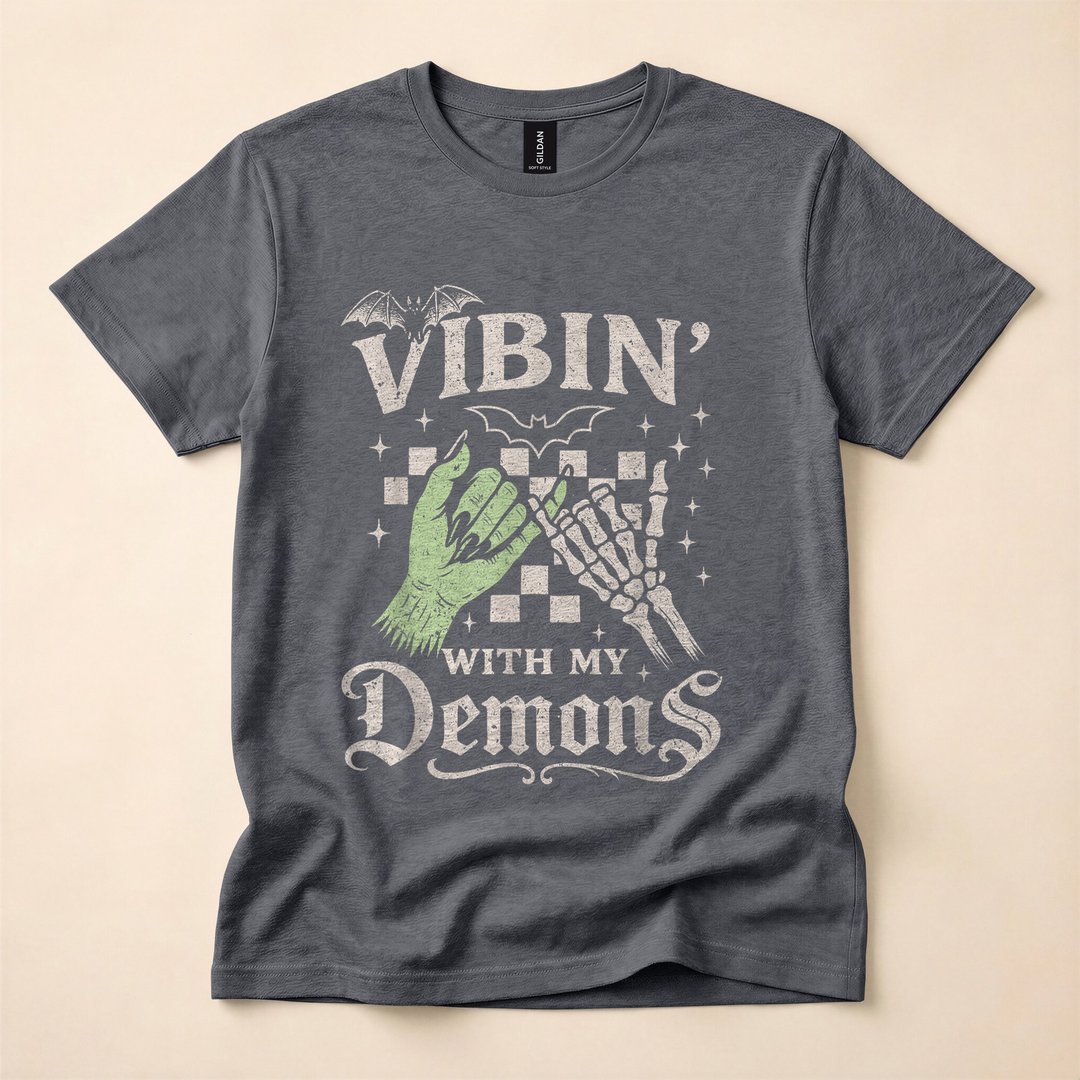 Vibin With My Demons Funny Retro Skeleton Halloween T-Shirt - photo 4