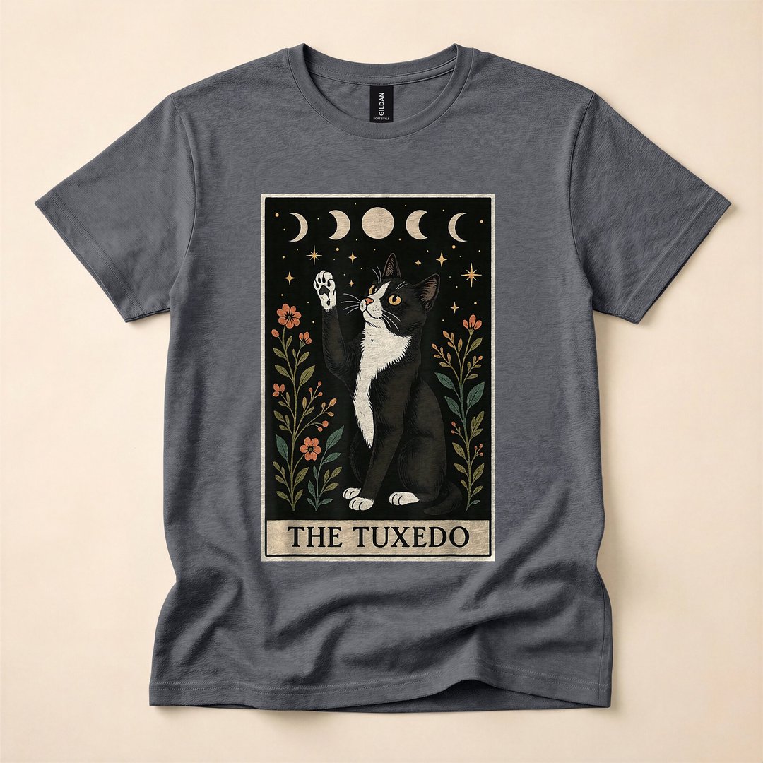 Tuxedo Cat Tarot Card Witchy Moon Halloween T-Shirt - photo 4