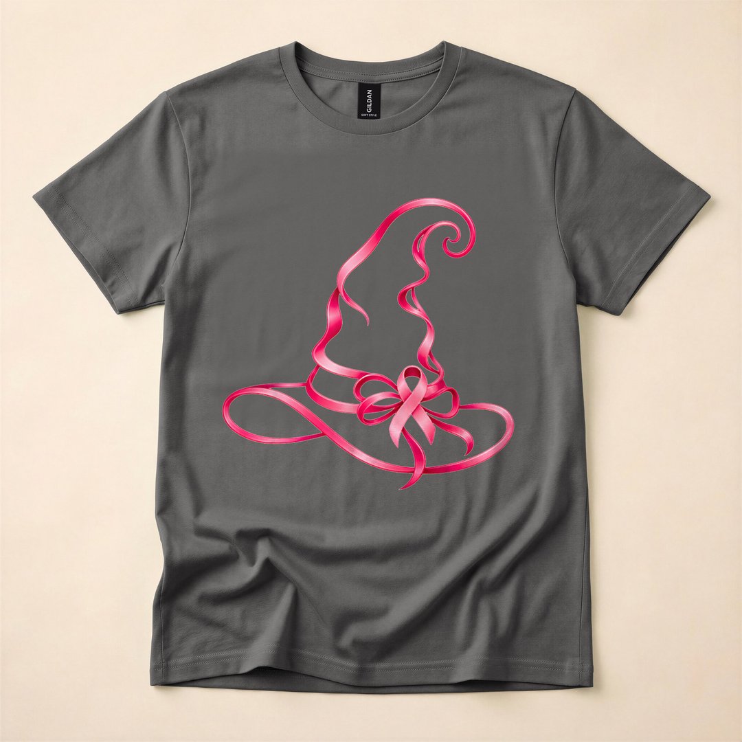 Pink Ribbon Witch Hat Breast Cancer Awareness T-Shirt - photo 5