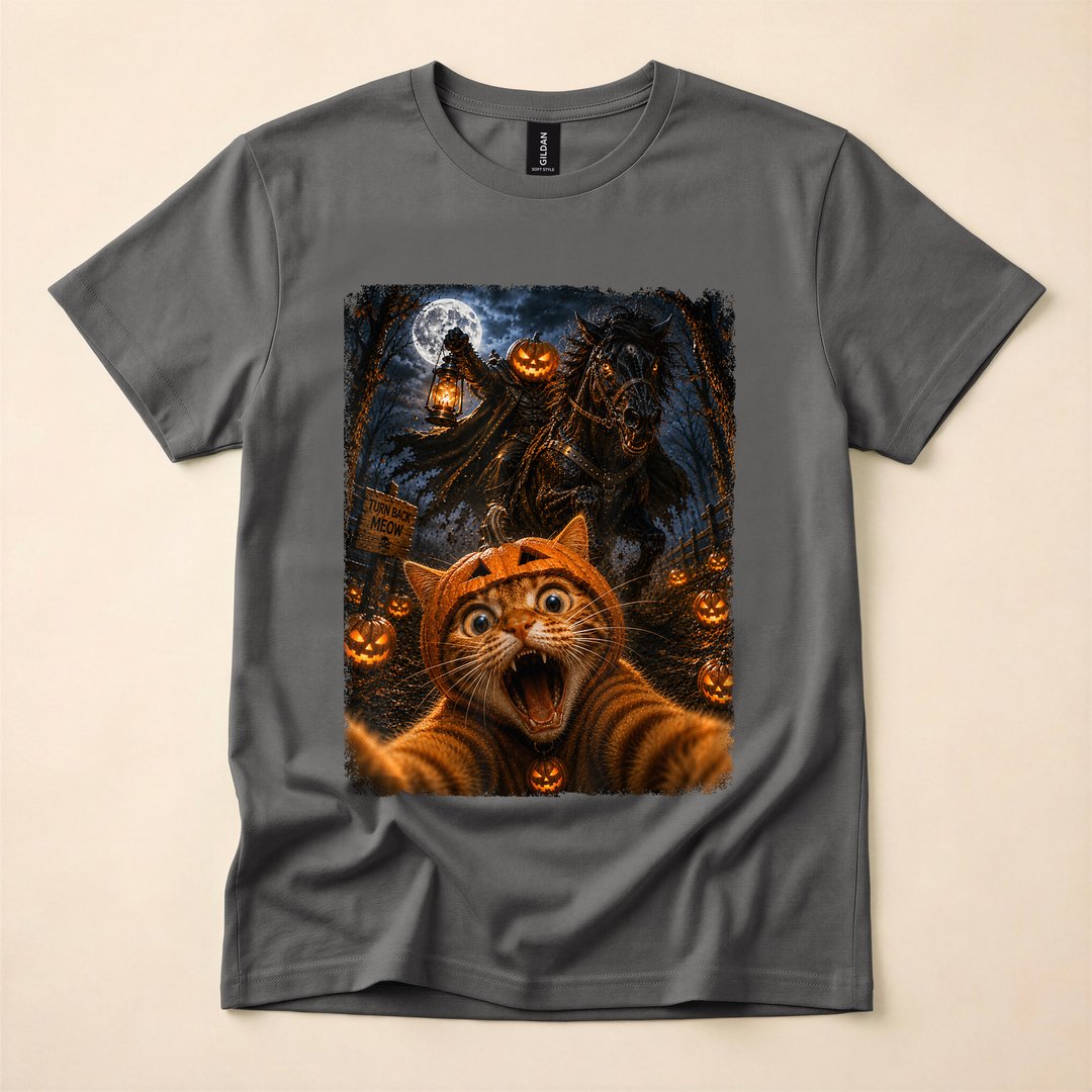 Headless Horseman Cat Selfie Pumpkins Moonlit Halloween T-Shirt - photo 5