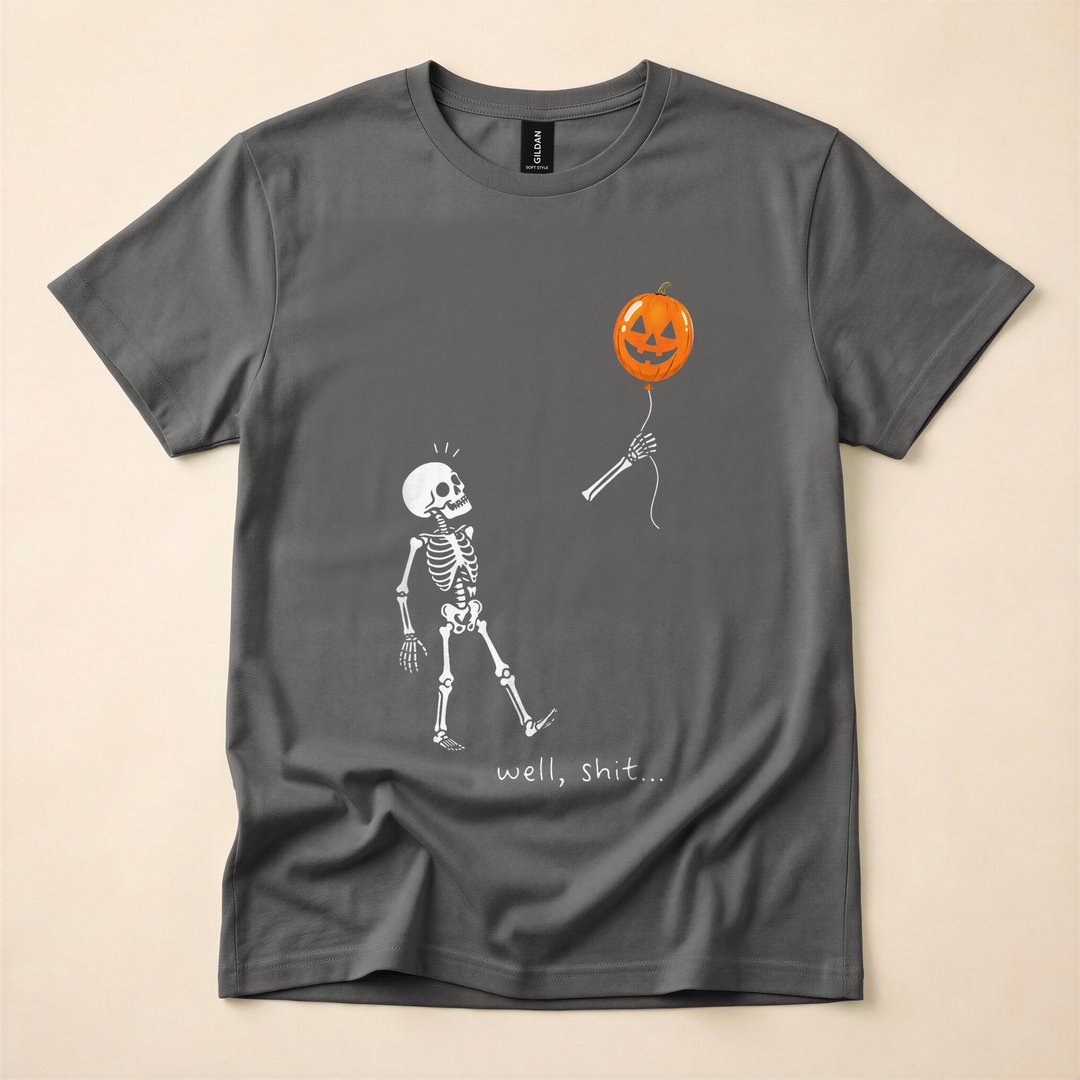Gothic Skeleton Holding a Pumpkin Balloon Halloween T-Shirt - photo 5