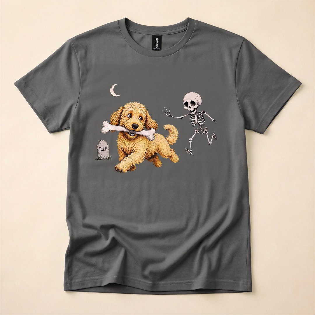 Goldendoodle Stealing a Skeleton Bone Funny Halloween T-Shirt - photo 5