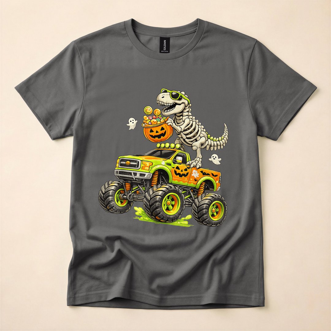 Monster Truck Dinosaur Skeleton T-Rex Boys Halloween T-Shirt - photo 5