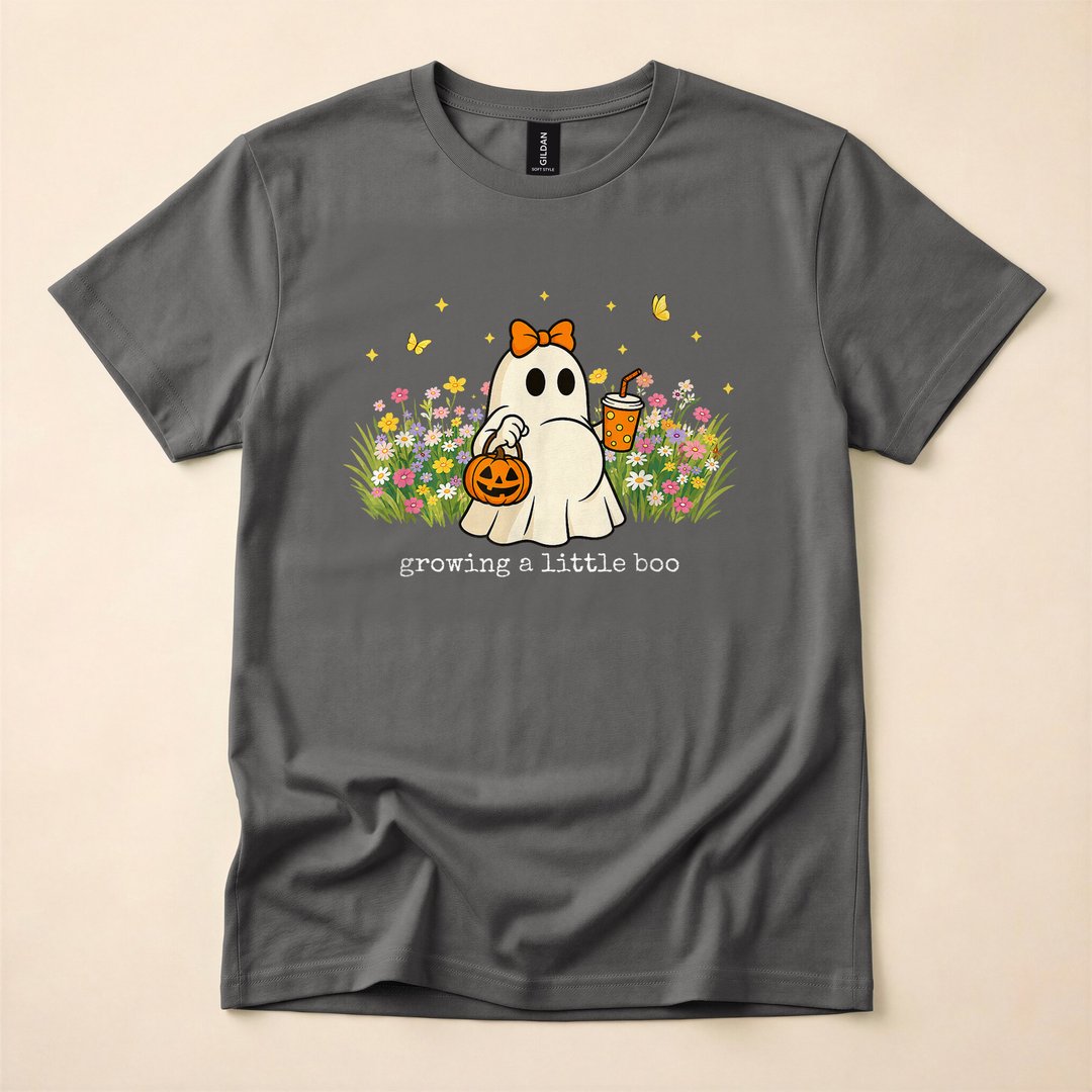 Growing A Little Boo Floral Ghost Pregnancy Halloween T-Shirt - photo 5