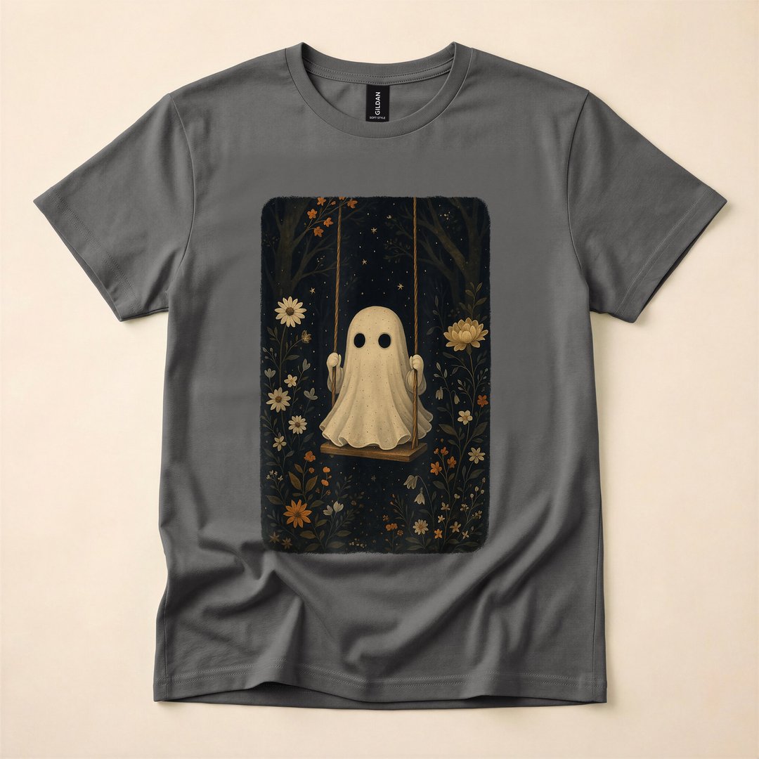 Cottagecore Ghost on a Floral Swing Halloween T-Shirt - photo 5