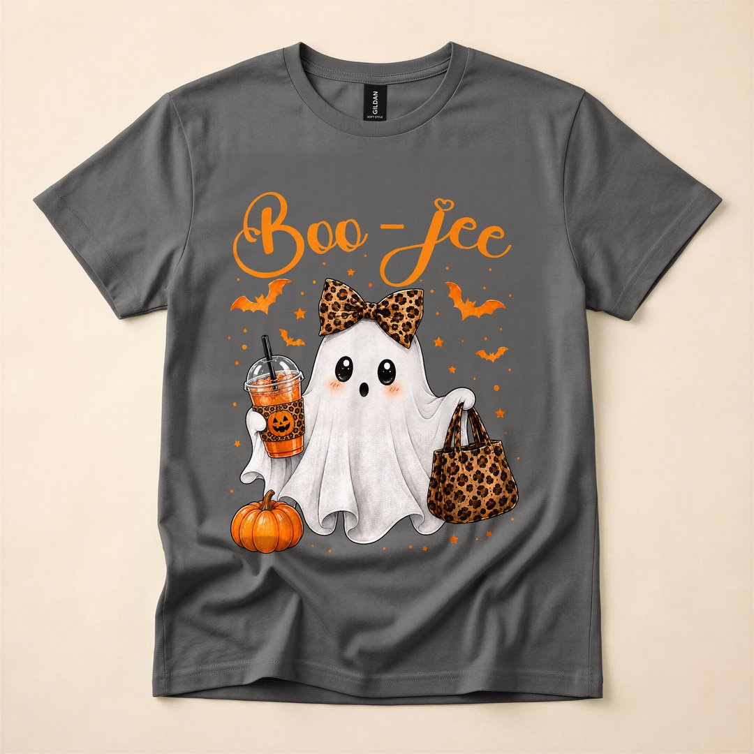 Boo-Jee Ghost and Pumpkin Leopard Coffee Halloween T-Shirt - photo 5